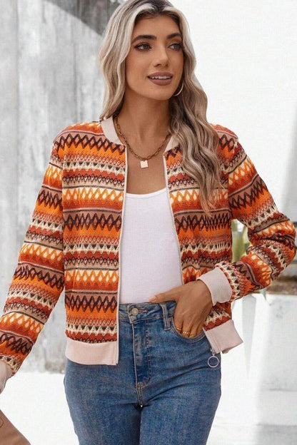 Orange Boho Striped Zip Up Long Sleeve Jacket - Blu Lotus Boutique