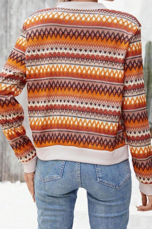 Orange Boho Striped Zip Up Long Sleeve Jacket - Blu Lotus Boutique