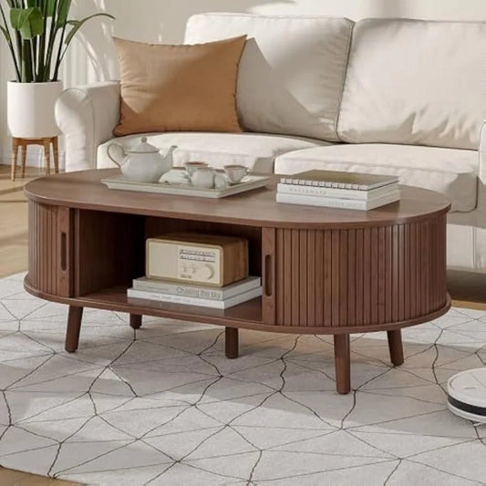 Oval Coffee Table, Mid Century Modern Coffee Table with Sliding Tambour Door, Fluted Center Table with Hidden Storage, Curved P - Blu Lotus Boutique