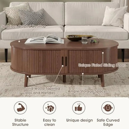 Oval Coffee Table, Mid Century Modern Coffee Table with Sliding Tambour Door, Fluted Center Table with Hidden Storage, Curved P - Blu Lotus Boutique