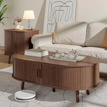 Oval Coffee Table, Mid Century Modern Coffee Table with Sliding Tambour Door, Fluted Center Table with Hidden Storage, Curved P - Blu Lotus Boutique