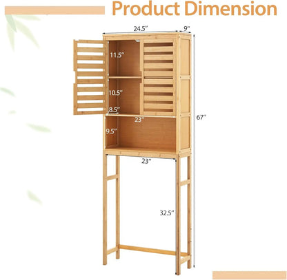 Over The Toilet Storage Cabinet, Tall Natural Bamboo Bathroom Shelf Over Toilet with 2 Doors & Open Shelf, Freestanding Toilet - Blu Lotus Boutique
