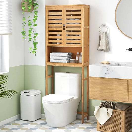 Over The Toilet Storage Cabinet, Tall Natural Bamboo Bathroom Shelf Over Toilet with 2 Doors & Open Shelf, Freestanding Toilet - Blu Lotus Boutique
