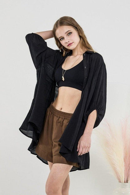 Oversized Button - down Babydoll Tunic Top - Blu Lotus Boutique