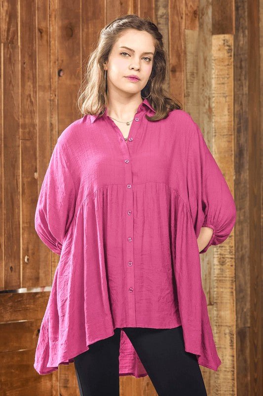Oversized Button - down Babydoll Tunic Top - Blu Lotus Boutique