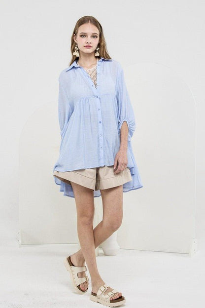 Oversized Button - down Babydoll Tunic Top - Blu Lotus Boutique