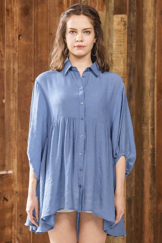 Oversized Button - down Babydoll Tunic Top - Blu Lotus Boutique