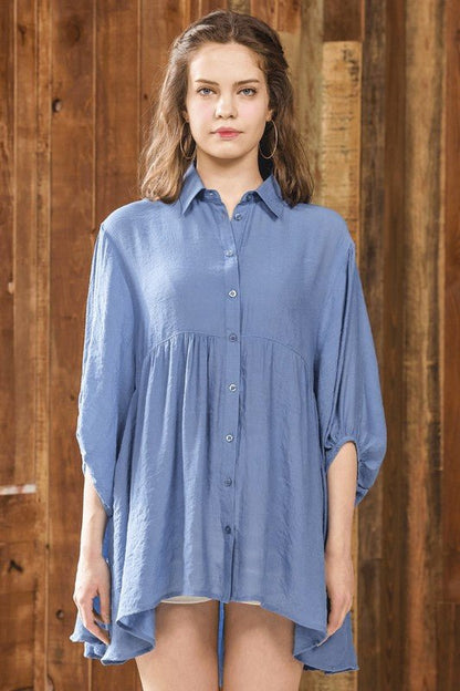 Oversized Button - down Babydoll Tunic Top - Blu Lotus Boutique