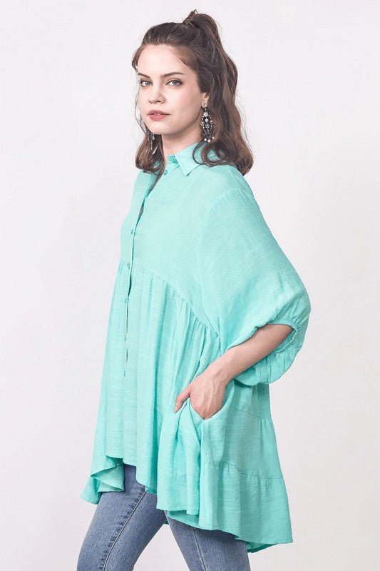 Oversized Button - down Babydoll Tunic Top - Blu Lotus Boutique