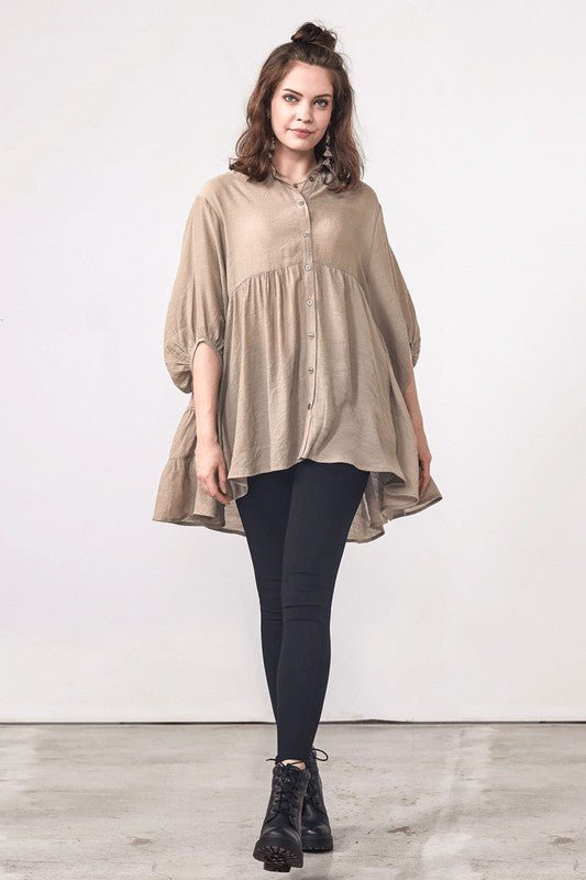 Oversized Button - down Babydoll Tunic Top - Blu Lotus Boutique