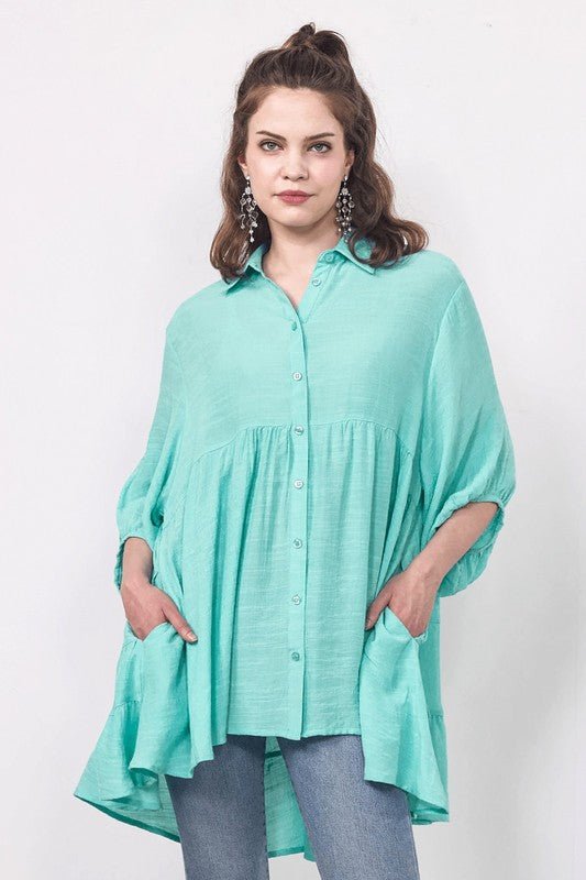 Oversized Button - down Babydoll Tunic Top - Blu Lotus Boutique