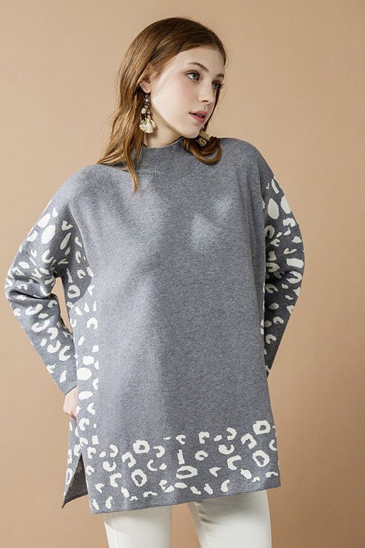 Oversized Mock Neck Leopard Print Sweater Tunic - Blu Lotus Boutique
