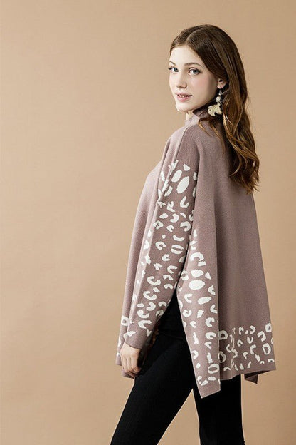 Oversized Mock Neck Leopard Print Sweater Tunic - Blu Lotus Boutique