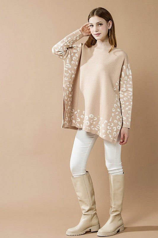 Oversized Mock Neck Leopard Print Sweater Tunic - Blu Lotus Boutique