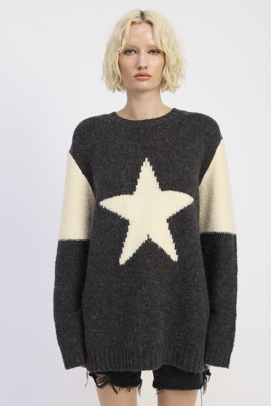 OVERSIZED SWEATER WITH STAR PRINT - Blu Lotus Boutique