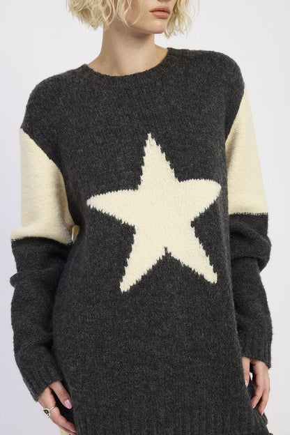 OVERSIZED SWEATER WITH STAR PRINT - Blu Lotus Boutique