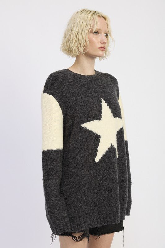 OVERSIZED SWEATER WITH STAR PRINT - Blu Lotus Boutique