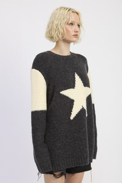 OVERSIZED SWEATER WITH STAR PRINT - Blu Lotus Boutique