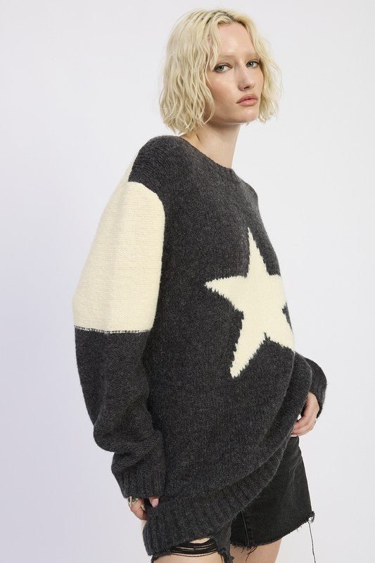 OVERSIZED SWEATER WITH STAR PRINT - Blu Lotus Boutique