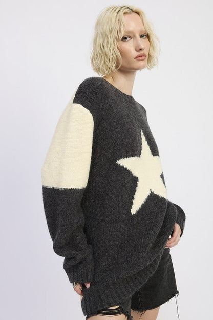 OVERSIZED SWEATER WITH STAR PRINT - Blu Lotus Boutique