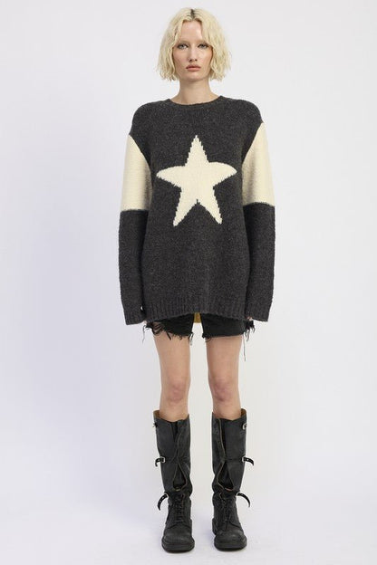 OVERSIZED SWEATER WITH STAR PRINT - Blu Lotus Boutique