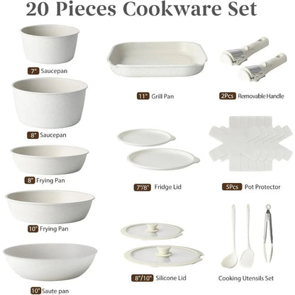 Pans Set Non Stick, Ceramic Cookware Set Detachable Handle,RV Kitchen Cooking Set Removeable Handles,Oven Safe, Induction Ready - Blu Lotus Boutique