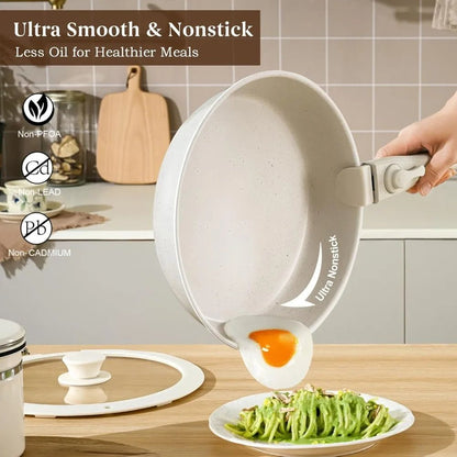 Pans Set Non Stick, Ceramic Cookware Set Detachable Handle,RV Kitchen Cooking Set Removeable Handles,Oven Safe, Induction Ready - Blu Lotus Boutique