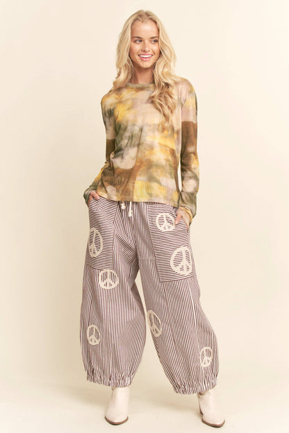 PEACE SIGN PINSTRIPE PALAZZO PANTS - Blu Lotus Boutique