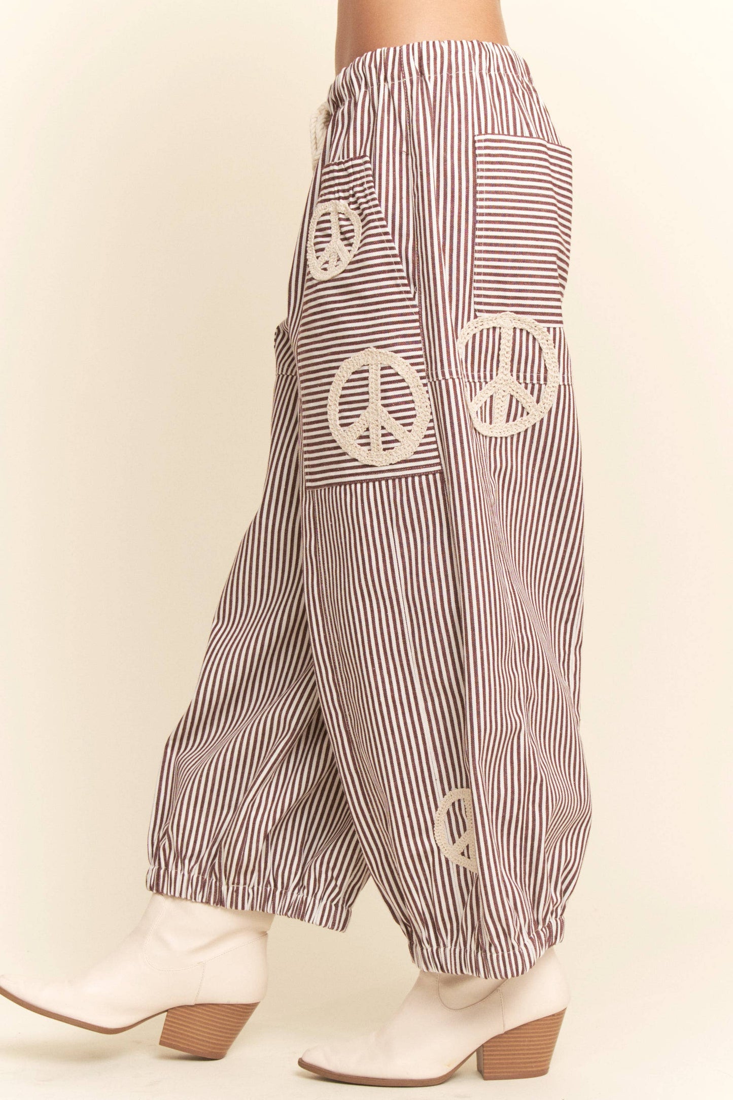 PEACE SIGN PINSTRIPE PALAZZO PANTS - Blu Lotus Boutique