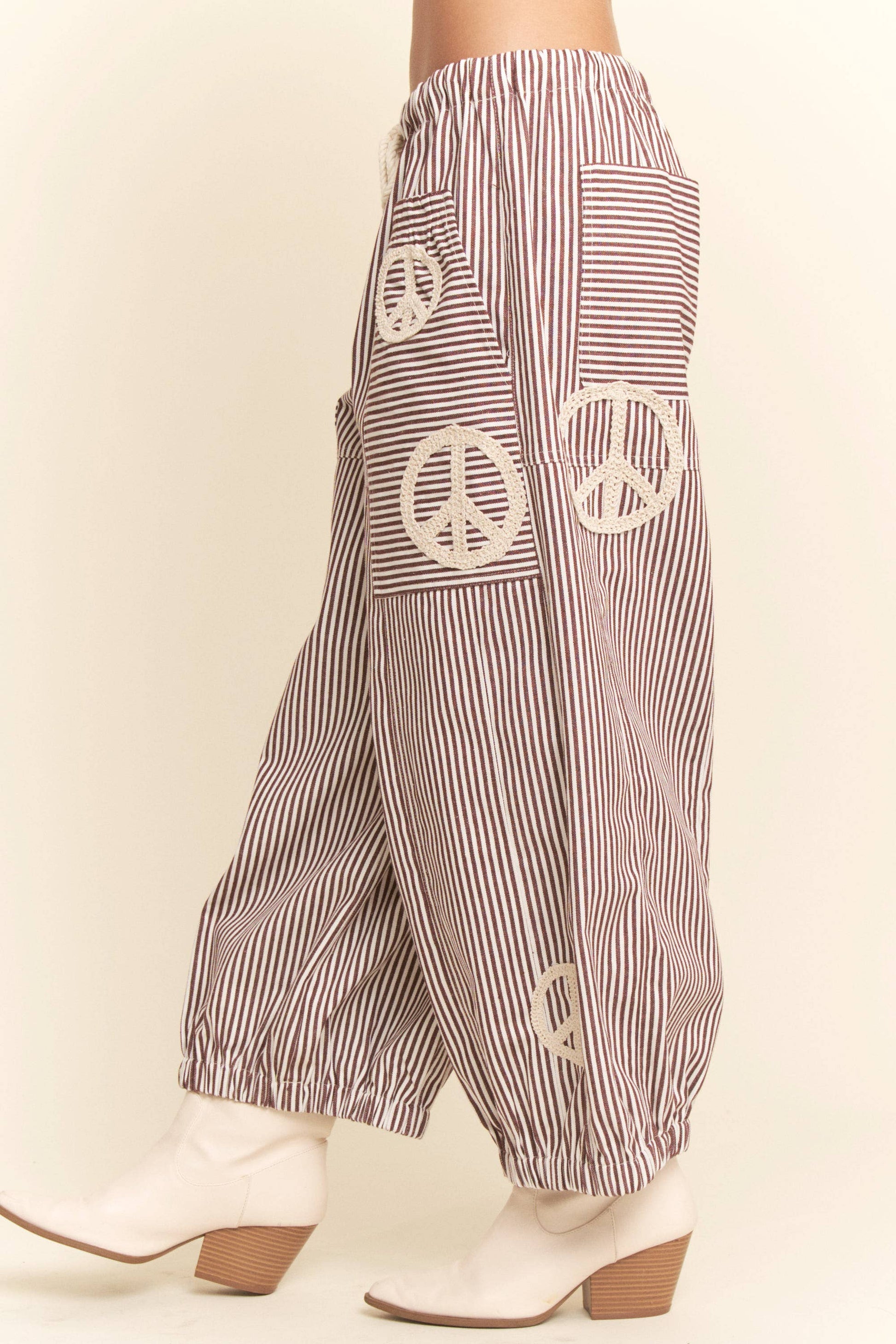 PEACE SIGN PINSTRIPE PALAZZO PANTS - Blu Lotus Boutique