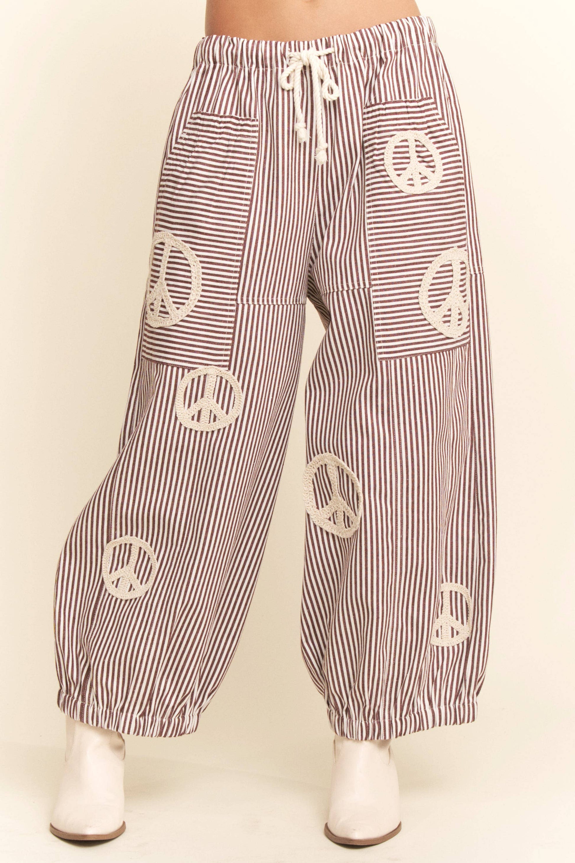 PEACE SIGN PINSTRIPE PALAZZO PANTS - Blu Lotus Boutique