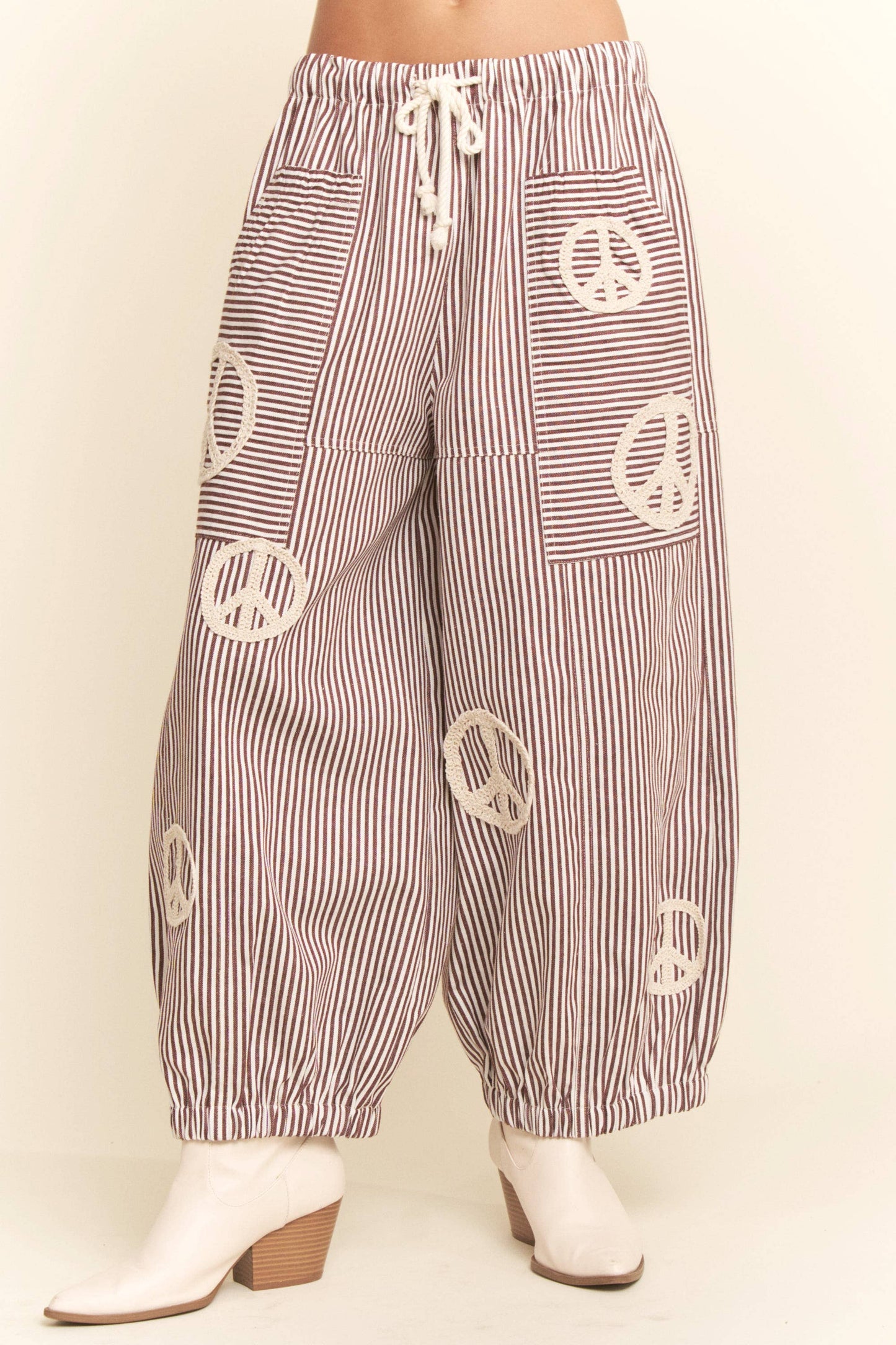 PEACE SIGN PINSTRIPE PALAZZO PANTS - Blu Lotus Boutique