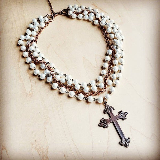 Pearl and Copper Collar Necklace with Copper Cross - Blu Lotus Boutique