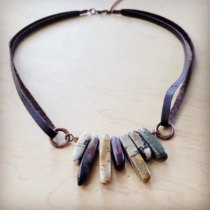 Picasso Jasper Stone Necklace w Genuine Leather - Blu Lotus Boutique