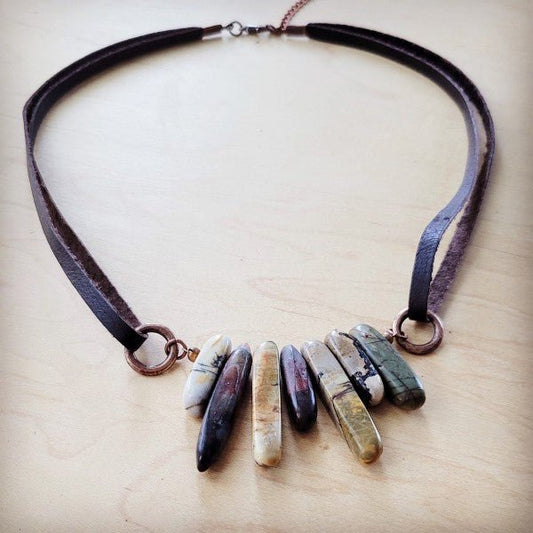 Picasso Jasper Stone Necklace w Genuine Leather - Blu Lotus Boutique
