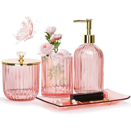 pink bathroom accessories set, 4 pcs glass bathroom accessory sets, soap dispenser, toothbrush holder, qtip holder, vanity tray - Blu Lotus Boutique