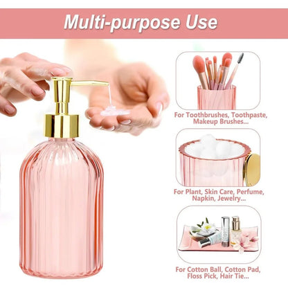 pink bathroom accessories set, 4 pcs glass bathroom accessory sets, soap dispenser, toothbrush holder, qtip holder, vanity tray - Blu Lotus Boutique