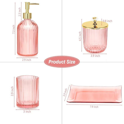 pink bathroom accessories set, 4 pcs glass bathroom accessory sets, soap dispenser, toothbrush holder, qtip holder, vanity tray - Blu Lotus Boutique
