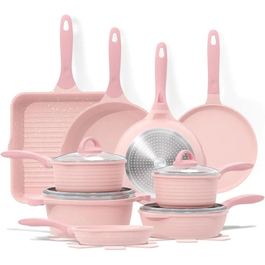 Pink Pots and Pans Set Nonstick 23pcs, Healthy Kitchen Cookware Sets, Induction Cooking Set Pink Frying Pans, Saucepans, Sauté - Blu Lotus Boutique