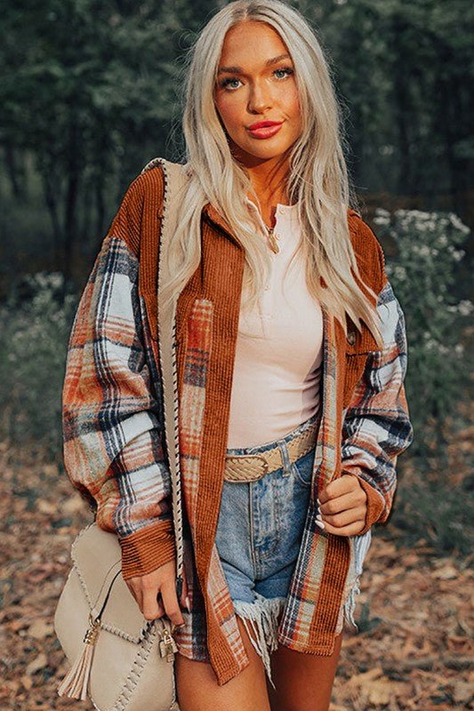 Plaid Corduroy Patchwork Chest Pocket Shacket - Blu Lotus Boutique