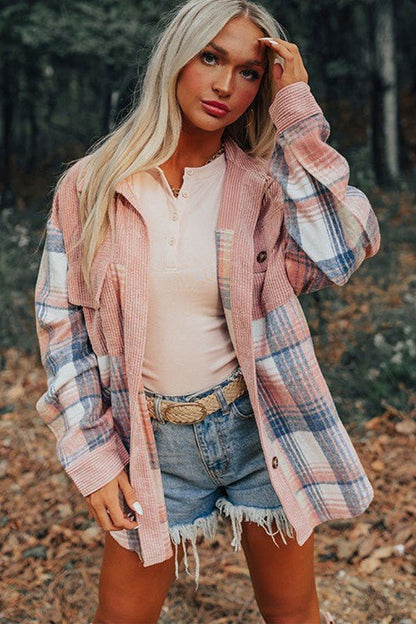 Plaid Corduroy Patchwork Chest Pocket Shacket - Blu Lotus Boutique