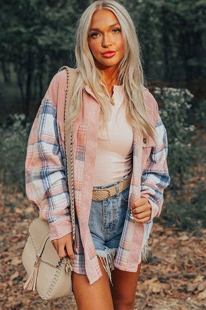 Plaid Corduroy Patchwork Chest Pocket Shacket - Blu Lotus Boutique