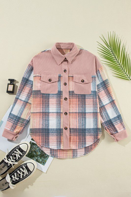 Plaid Corduroy Patchwork Chest Pocket Shacket - Blu Lotus Boutique
