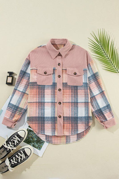 Plaid Corduroy Patchwork Chest Pocket Shacket - Blu Lotus Boutique