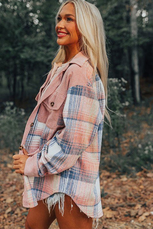 Plaid Corduroy Patchwork Chest Pocket Shacket - Blu Lotus Boutique