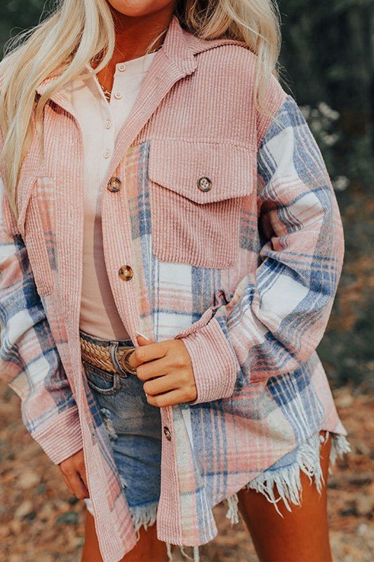 Plaid Corduroy Patchwork Chest Pocket Shacket - Blu Lotus Boutique
