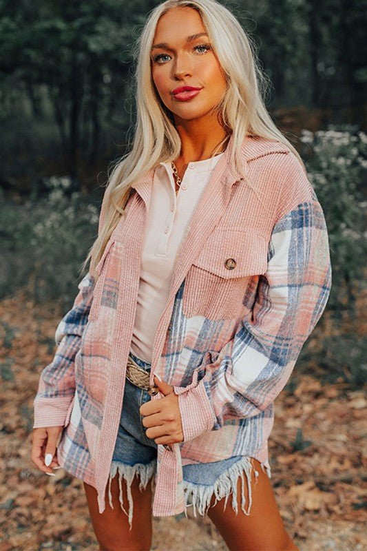Plaid Corduroy Patchwork Chest Pocket Shacket - Blu Lotus Boutique