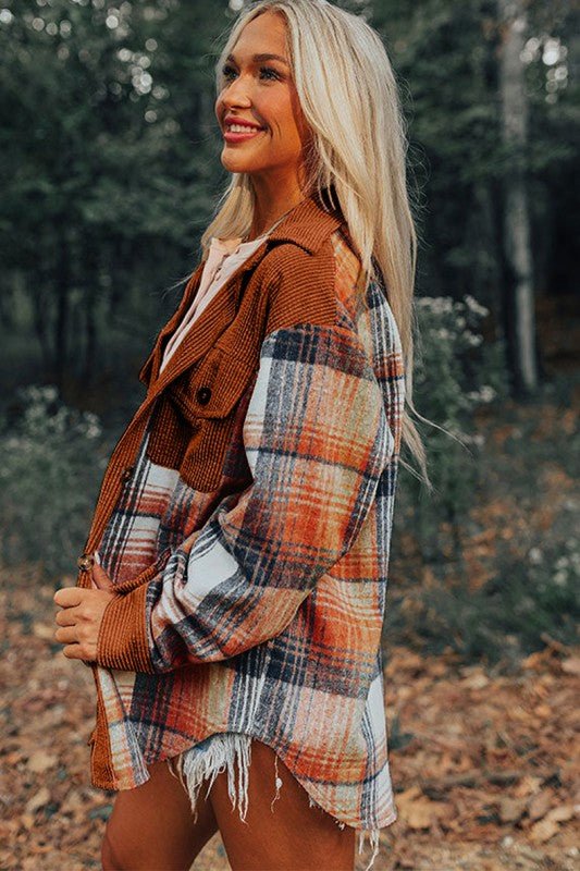 Plaid Corduroy Patchwork Chest Pocket Shacket - Blu Lotus Boutique