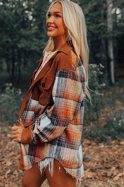 Plaid Corduroy Patchwork Chest Pocket Shacket - Blu Lotus Boutique