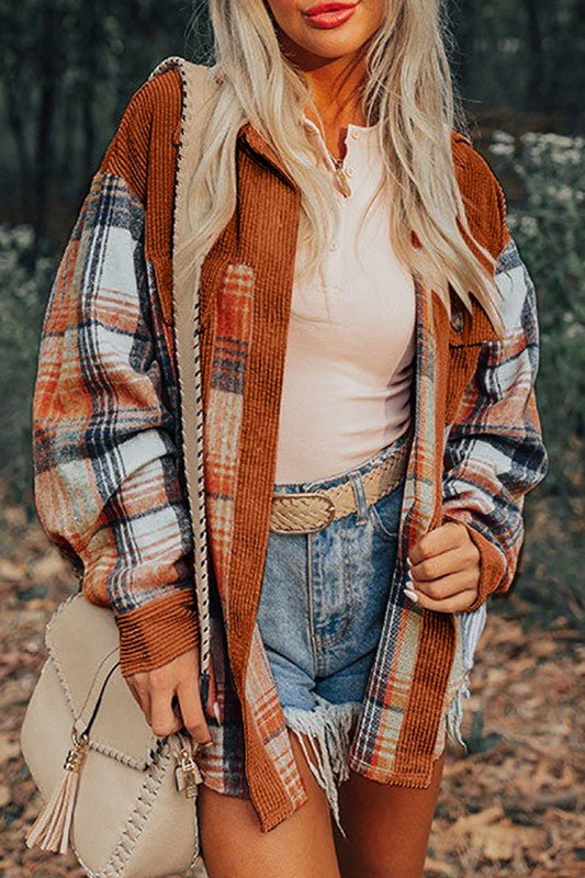 Plaid Corduroy Patchwork Chest Pocket Shacket - Blu Lotus Boutique